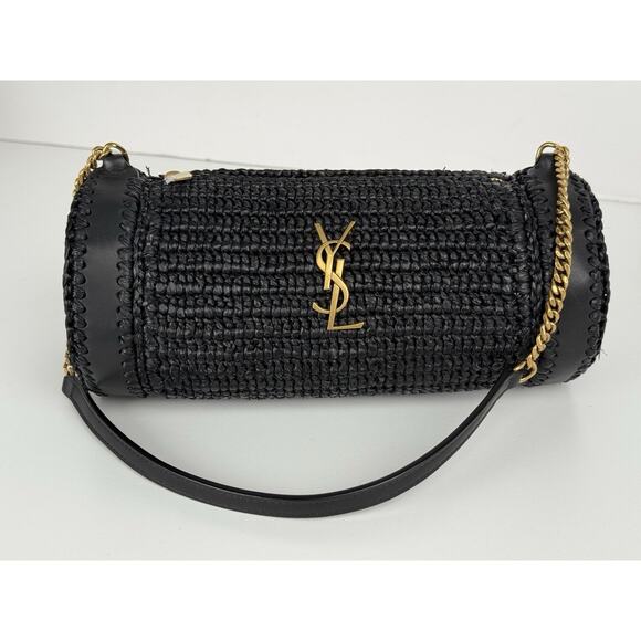 SAINT LAURENT Small Cylinder Black Raffia & Leather Shoulder Bag - Picture 1 of 7